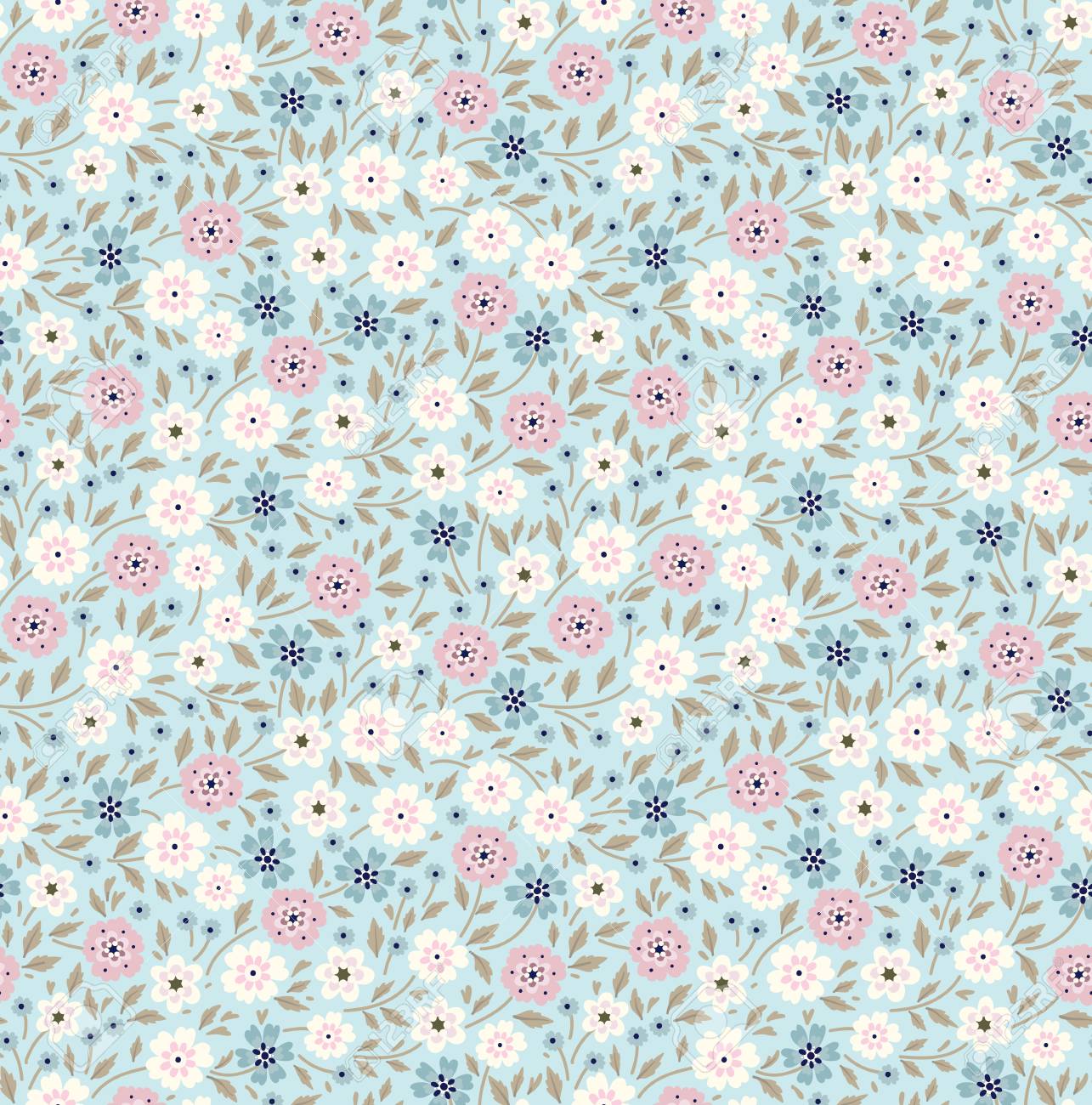 花柄 淡い青の背景にきれいな花 色とりどりの小さな花を印刷します 頭が変なプリントです シームレス テクスチャです 春のブーケ の写真素材 画像素材 Image