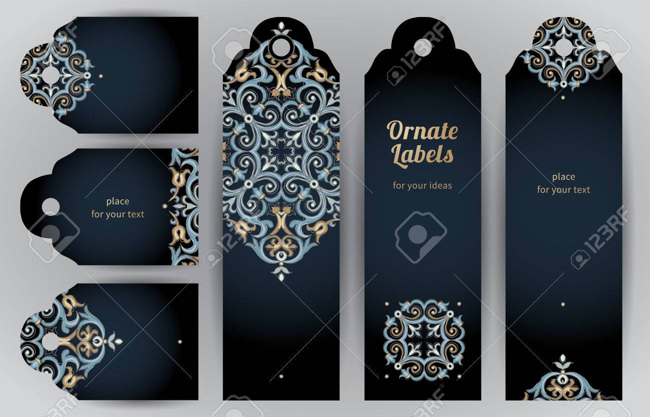 Ornate cards in oriental style. Bright Eastern floral decor on dark backdrop. Template vintage frame for greeting card and wedding invitation. Vector labels with place for your text. - 49344600 Ornate cards in oriental style. Bright Eastern floral decor on dark backdrop. Template vintage frame for greeting card and wedding invitation. Vector labels with place for your text. - 49344600