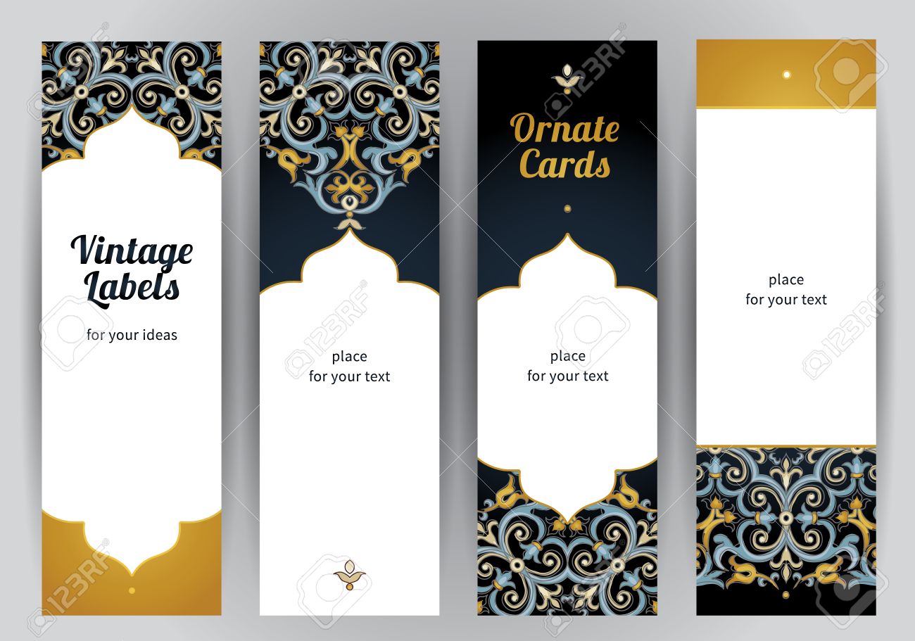 Vector set of ornate vertical cards in oriental style. Bright Eastern floral decor on dark backdrop. Template vintage frame for greeting card and wedding invitation. Labels and tags with place for text. - 49344898 Vector set of ornate vertical cards in oriental style. Bright Eastern floral decor on dark backdrop. Template vintage frame for greeting card and wedding invitation. Labels and tags with place for text. - 49344898