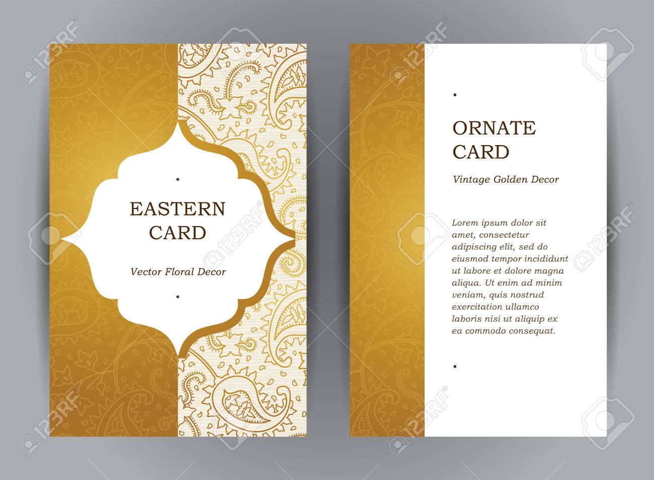 Vector set of ornate vertical vintage cards. Outline golden decor in Eastern style. Template frame for save the date and greeting card, wedding invitation, leaflet, poster. Ornamental border, place for text. - 54592580 Vector set of ornate vertical vintage cards. Outline golden decor in Eastern style. Template frame for save the date and greeting card, wedding invitation, leaflet, poster. Ornamental border, place for text. - 54592580