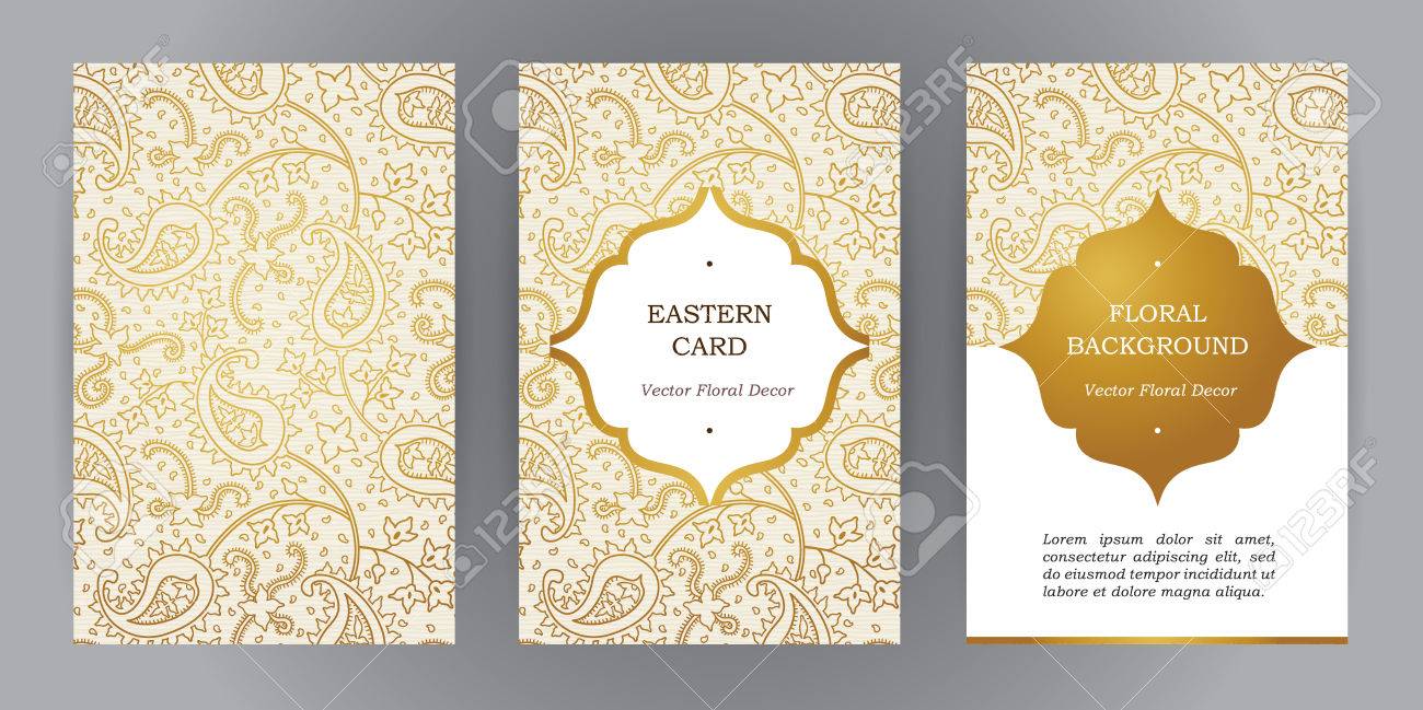Vector set of ornate vertical vintage cards. Outline golden decor in Eastern style. Template frame for save the date and greeting card, wedding invitation, leaflet, poster. Ornamental border, place for text. - 54592600 Vector set of ornate vertical vintage cards. Outline golden decor in Eastern style. Template frame for save the date and greeting card, wedding invitation, leaflet, poster. Ornamental border, place for text. - 54592600