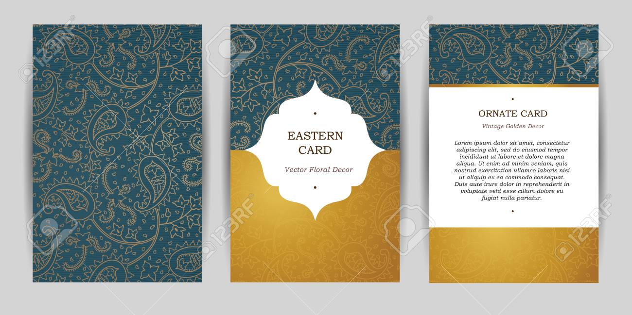 Ornate vintage cards. Outline paisley decor in Eastern style. Template frame for save the date and greeting card, wedding invitation, certificate, leaflet, poster. Vector golden border with place for text. - 54592615 Ornate vintage cards. Outline paisley decor in Eastern style. Template frame for save the date and greeting card, wedding invitation, certificate, leaflet, poster. Vector golden border with place for text. - 54592615