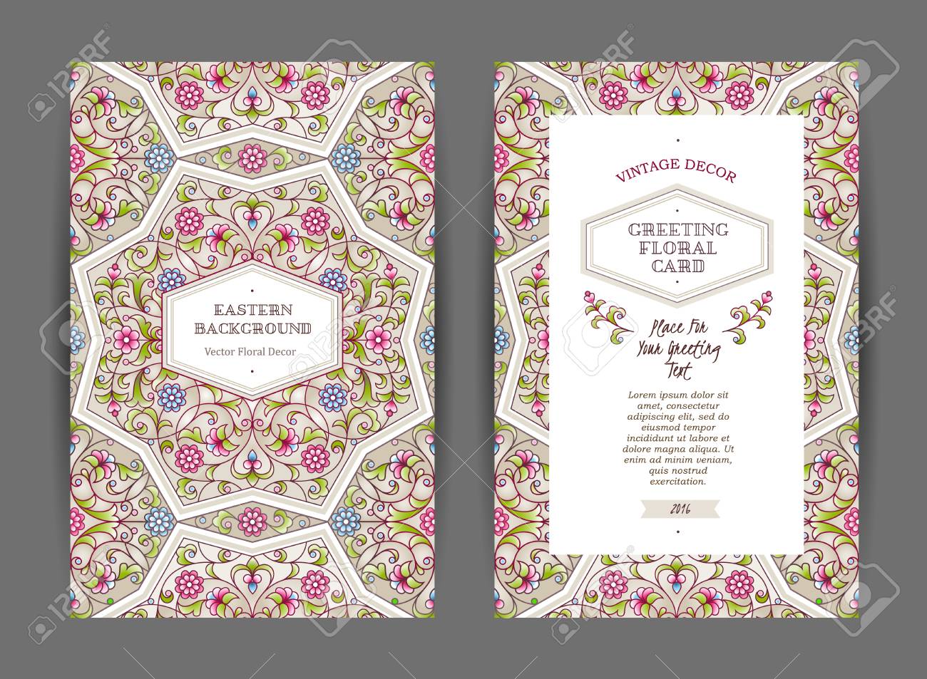 Ornate vintage cards. Bright floral decor in Eastern style. Template frame for save the date, birthday, greeting card, wedding invitation, certificate, leaflet, poster. Vector border with place for text. - 62037305 Ornate vintage cards. Bright floral decor in Eastern style. Template frame for save the date, birthday, greeting card, wedding invitation, certificate, leaflet, poster. Vector border with place for text. - 62037305
