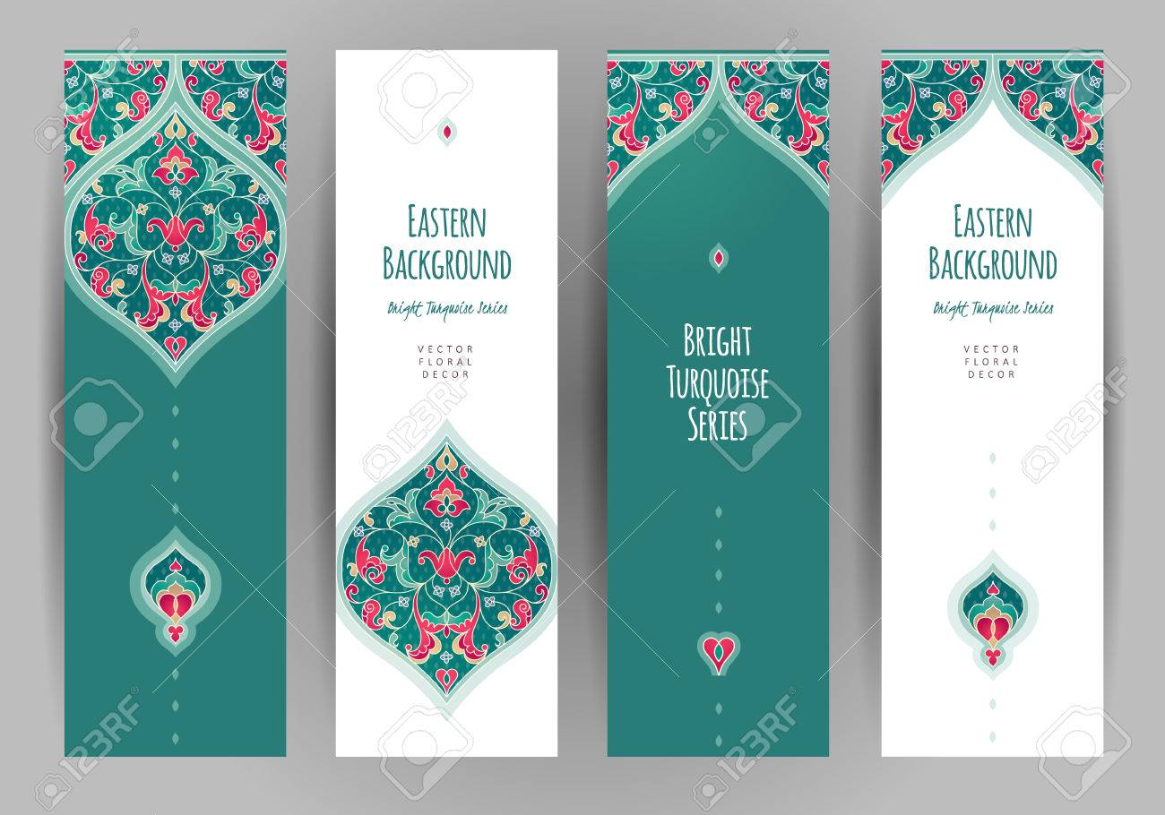 Vector set of ornate vertical cards in oriental style. Turquoise Eastern floral decor. Template vintage frame for greeting card and wedding invitation. Labels and tags with place for text. - 65738325 Vector set of ornate vertical cards in oriental style. Turquoise Eastern floral decor. Template vintage frame for greeting card and wedding invitation. Labels and tags with place for text. - 65738325