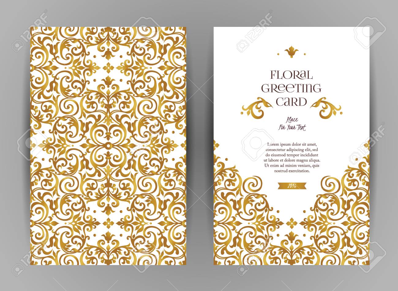 Ornate vintage cards. Golden floral decor in Victorian style. Template frame for save the date and greeting card, wedding invitation, certificate, leaflet, poster. Vector border with place for text. - 71898538 Ornate vintage cards. Golden floral decor in Victorian style. Template frame for save the date and greeting card, wedding invitation, certificate, leaflet, poster. Vector border with place for text. - 71898538