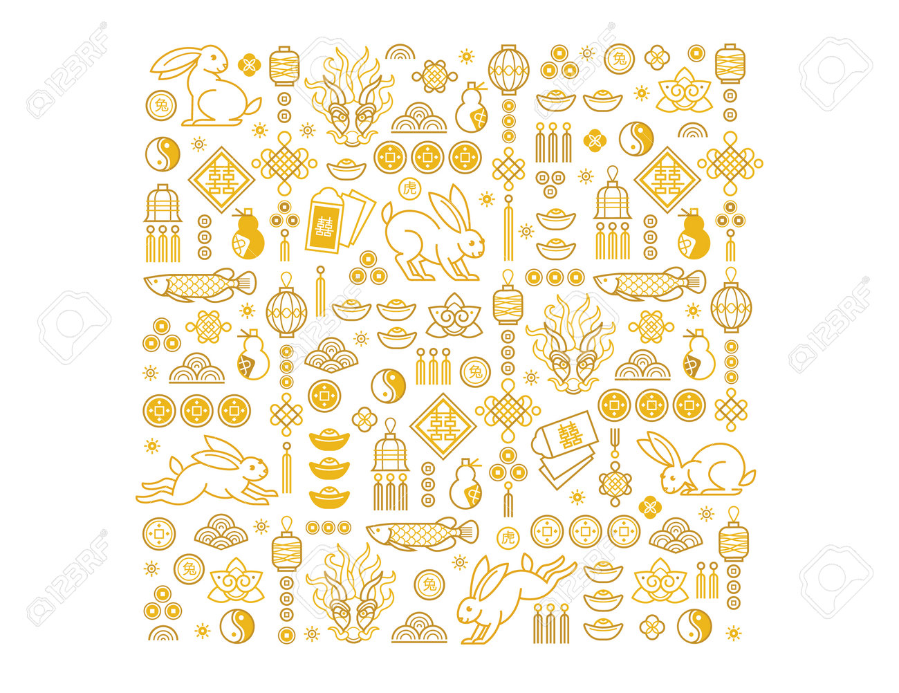 Padrão dourado quadrado do vetor com símbolos do esboço do signo do zodíaco do coelho, símbolo de 2023 no calendário lunar chinês. arte da linha design da china, elementos de ouro no fundo branco. ilustração chinesa. tradução chinesa: coelho - 193687631 Padrão dourado quadrado do vetor com símbolos do esboço do signo do zodíaco do coelho, símbolo de 2023 no calendário lunar chinês. arte da linha design da china, elementos de ouro no fundo branco. ilustração chinesa. tradução chinesa: coelho - 193687631