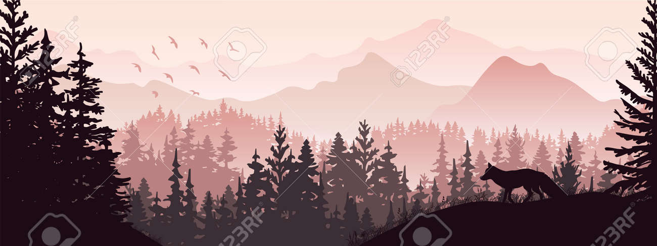 Bandiera orizzontale. sagoma di volpe in piedi sulla collina di erba. cervo. montagne e foreste sullo sfondo. magico paesaggio nebbioso, alberi, animali. rosa, illustrazione arancione, segnalibro. - 186435077 Bandiera orizzontale. sagoma di volpe in piedi sulla collina di erba. cervo. montagne e foreste sullo sfondo. magico paesaggio nebbioso, alberi, animali. rosa, illustrazione arancione, segnalibro. - 186435077