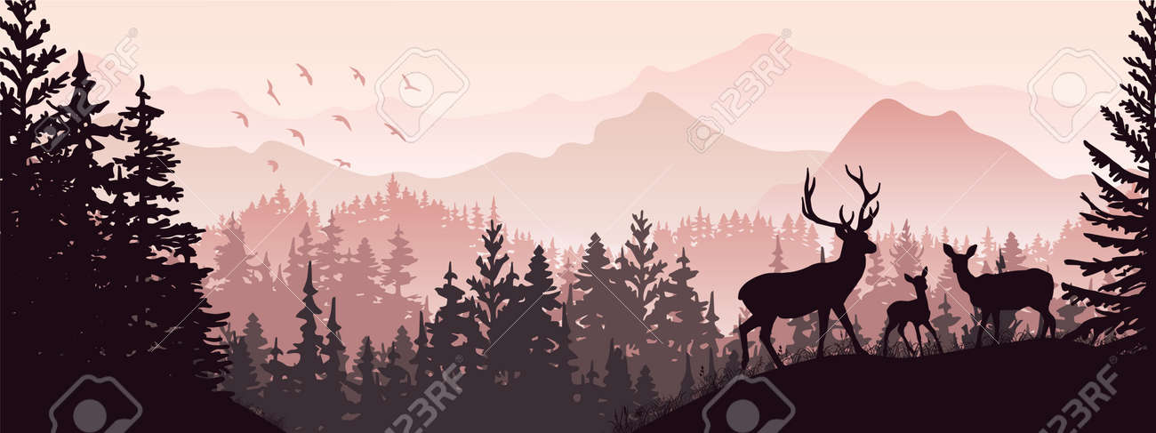 Horizontale banner. silhouet van herten, herten, fawn staand op weide in het bos. silhouet van dieren, bomen, gras. magisch mistige landschap, mist, bergen. violet illustratie. bladwijzer. - 189921121 Horizontale banner. silhouet van herten, herten, fawn staand op weide in het bos. silhouet van dieren, bomen, gras. magisch mistige landschap, mist, bergen. violet illustratie. bladwijzer. - 189921121