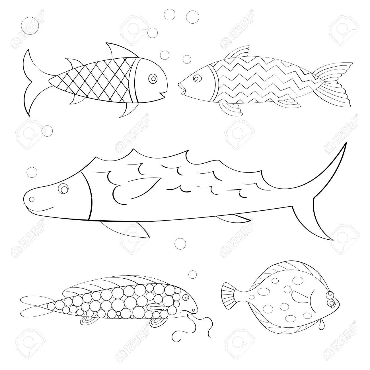 Vector Set Of Hand Drawn Fishes Coloring Book Page Textile