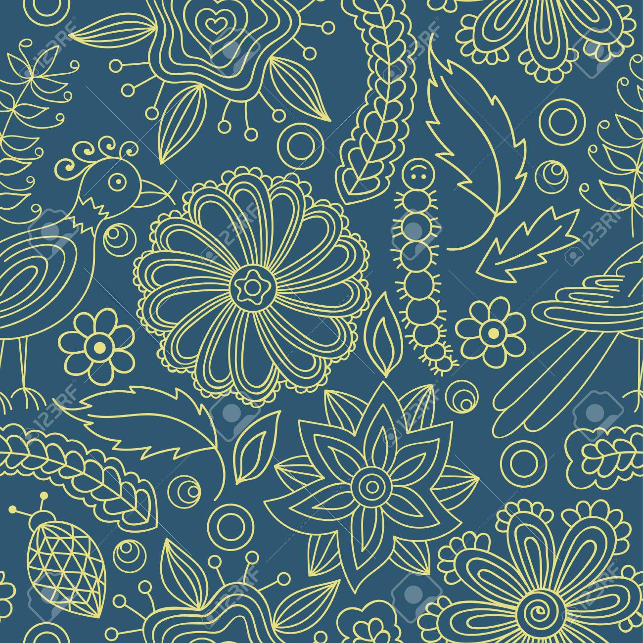花と鳥とのシームレスなパターン 無限の花模様 手描き 完璧な壁紙の絵柄はプリント のイラスト素材 ベクタ Image