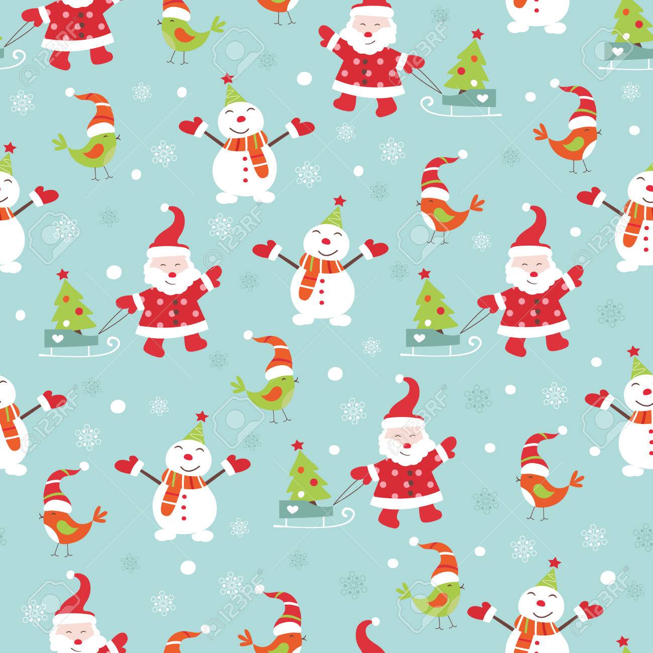 Immagini Babbo Natale Vintage.Vettoriale Natale Vintage Pattern Senza Soluzione Di Continuita Dei Cartoni Animati Con Babbo Natale Pupazzi Di Neve E Uccelli Image 30038194