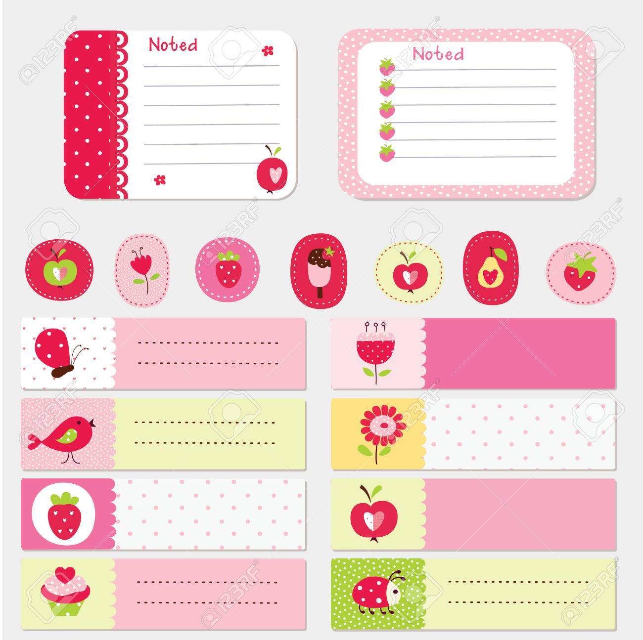 Ensemble De Cartes Romantiques Notes Autocollants Etiquettes Etiquettes Avec Des Illustrations De Bebe Mignon Modele Pour Scrapbooking Emballage Felicitations Invitations Clip Art Libres De Droits Vecteurs Et Illustration Image