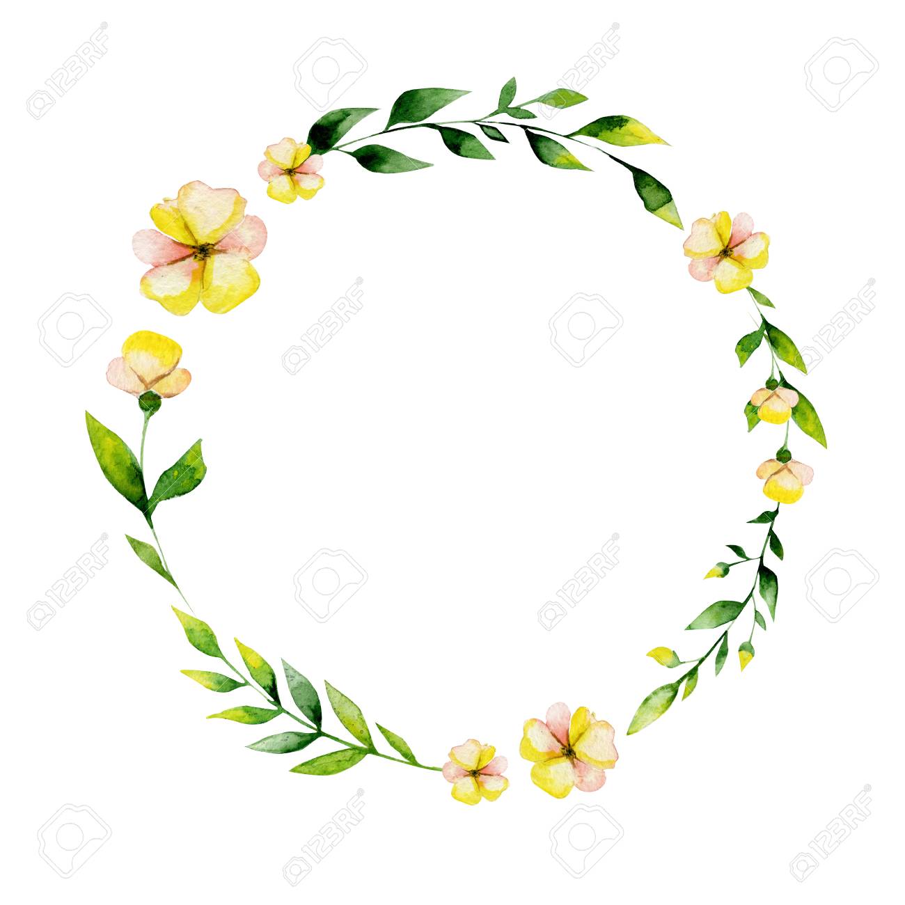 watercolor yellow flower and herbs circle may be used for easter