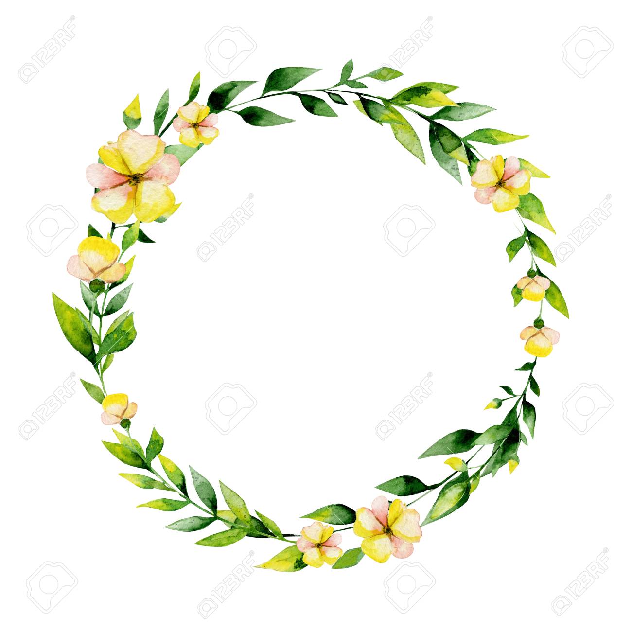 watercolor yellow flower and herbs circle may be used for easter