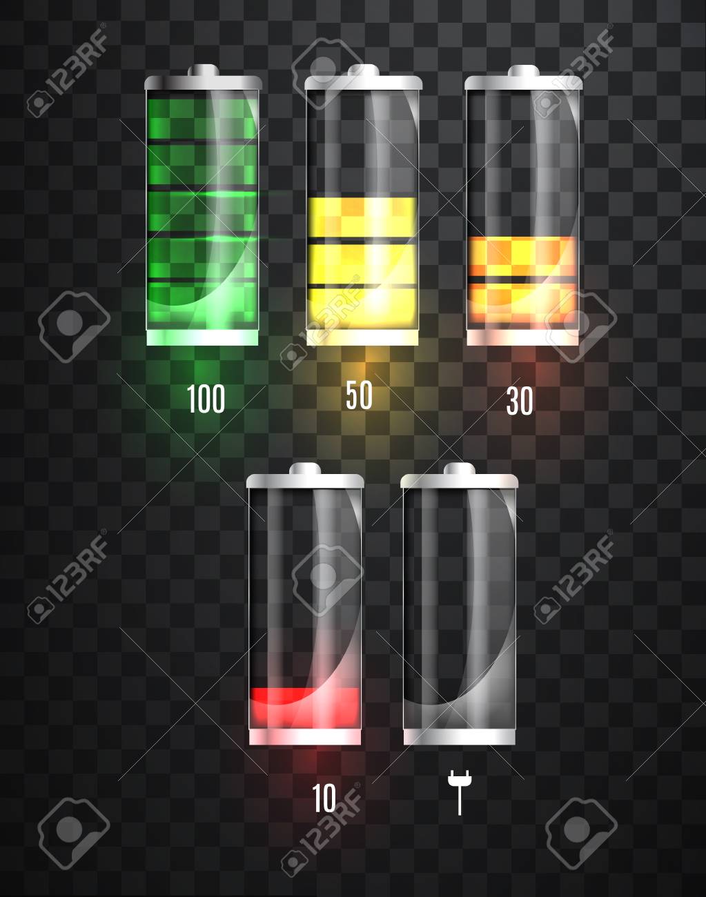 バッテリーの充電します バッテリー充電ステータス インジケーター 透明な背景にガラス現実的な力電池イラスト フル充電の総排出量 充電状態です ベクトル のイラスト素材 ベクタ Image バッテリーの充電します バッテリー充電ステータス インジケーター 透明な背景にガラス現実的な力電池イラスト フル充電の総排出量 充電状態です ベクトル のイラスト素材 ベクタ Image