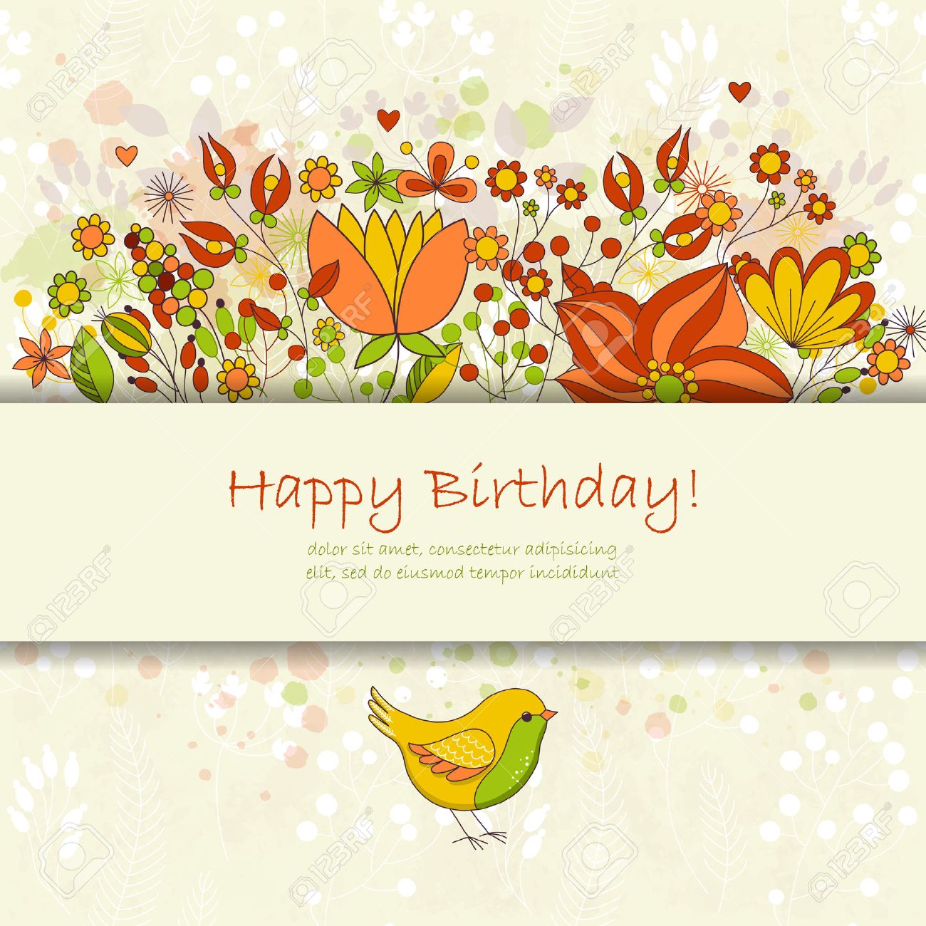 Joyeux Anniversaire Carte De Voeux Avec Des Fleurs Et Des Oiseaux Invitation De Fete Florale Coloree Mignonne Clip Art Libres De Droits Vecteurs Et Illustration Image