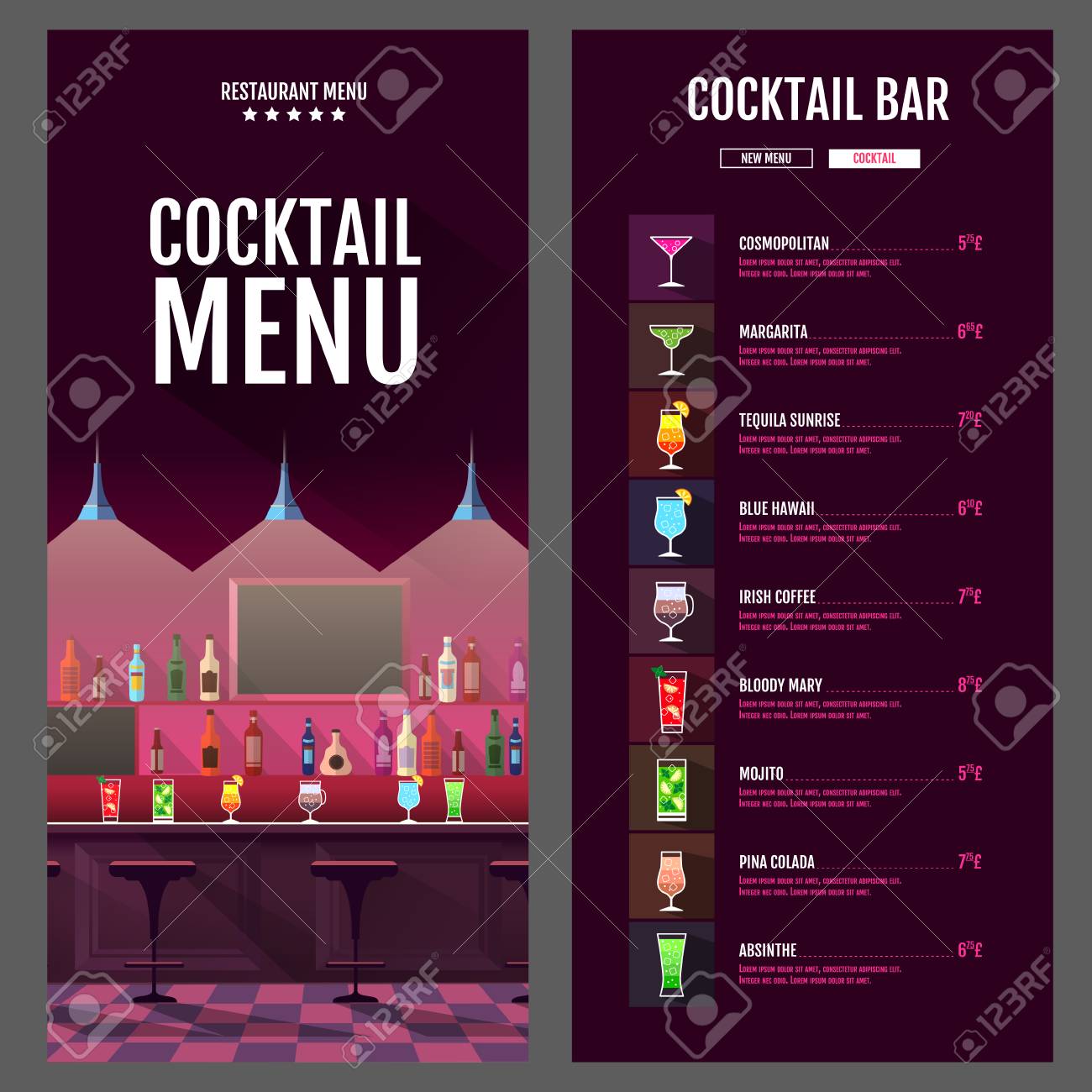 インテリア バーとフラット スタイル カクテル メニュー デザイン のイラスト素材 ベクタ Image インテリア バーとフラット スタイル カクテル メニュー デザイン のイラスト素材 ベクタ Image