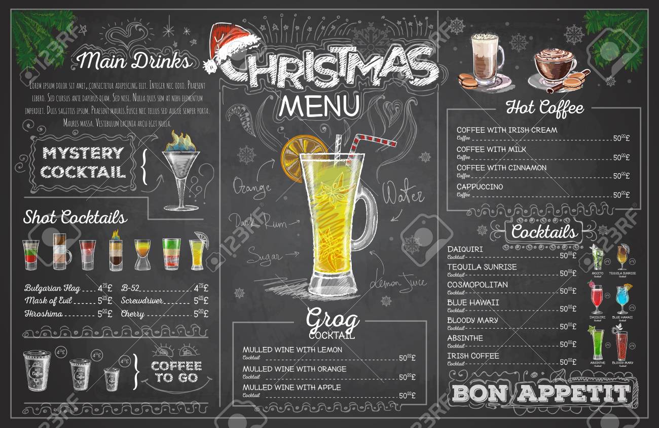vintage chalk drawing christmas menu design restaurant menu royalty