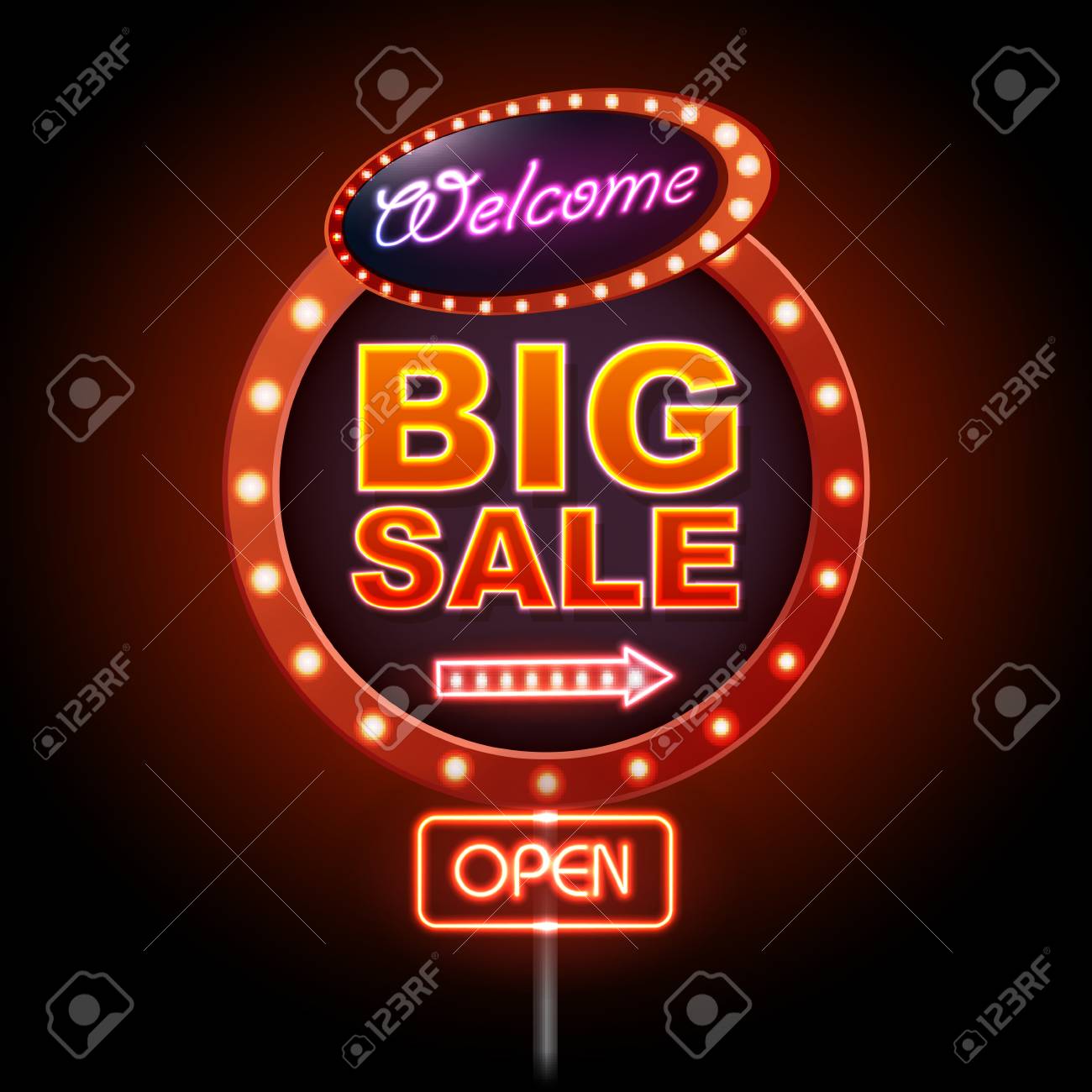 Neon sign big sale open. Vintage electric signboard. Road sign - 109723354 Neon sign big sale open. Vintage electric signboard. Road sign - 109723354