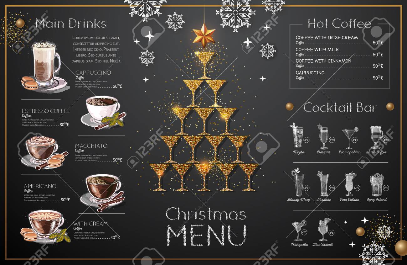 christmas menu design with golden champagne glasses restaurant