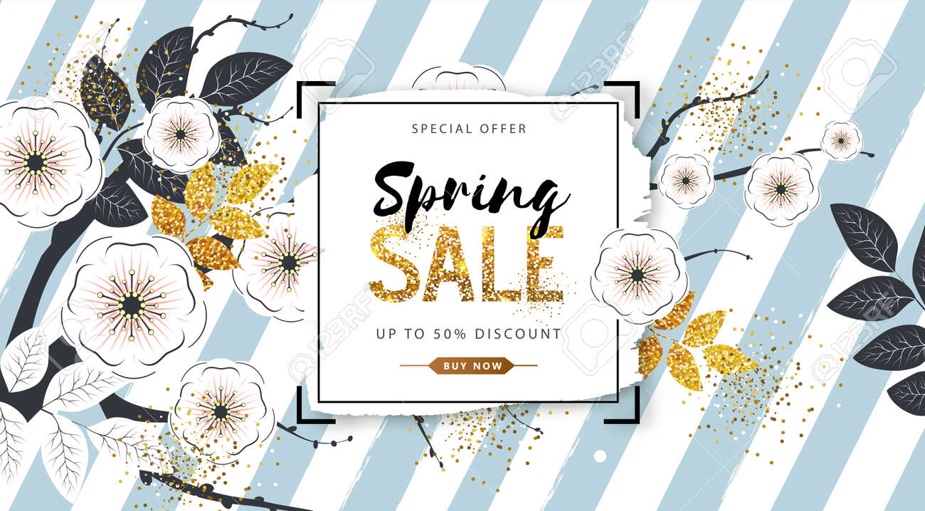Spring sale poster with full blossom flowers and golden leaves. Spring flowers background - 139680897 Spring sale poster with full blossom flowers and golden leaves. Spring flowers background - 139680897