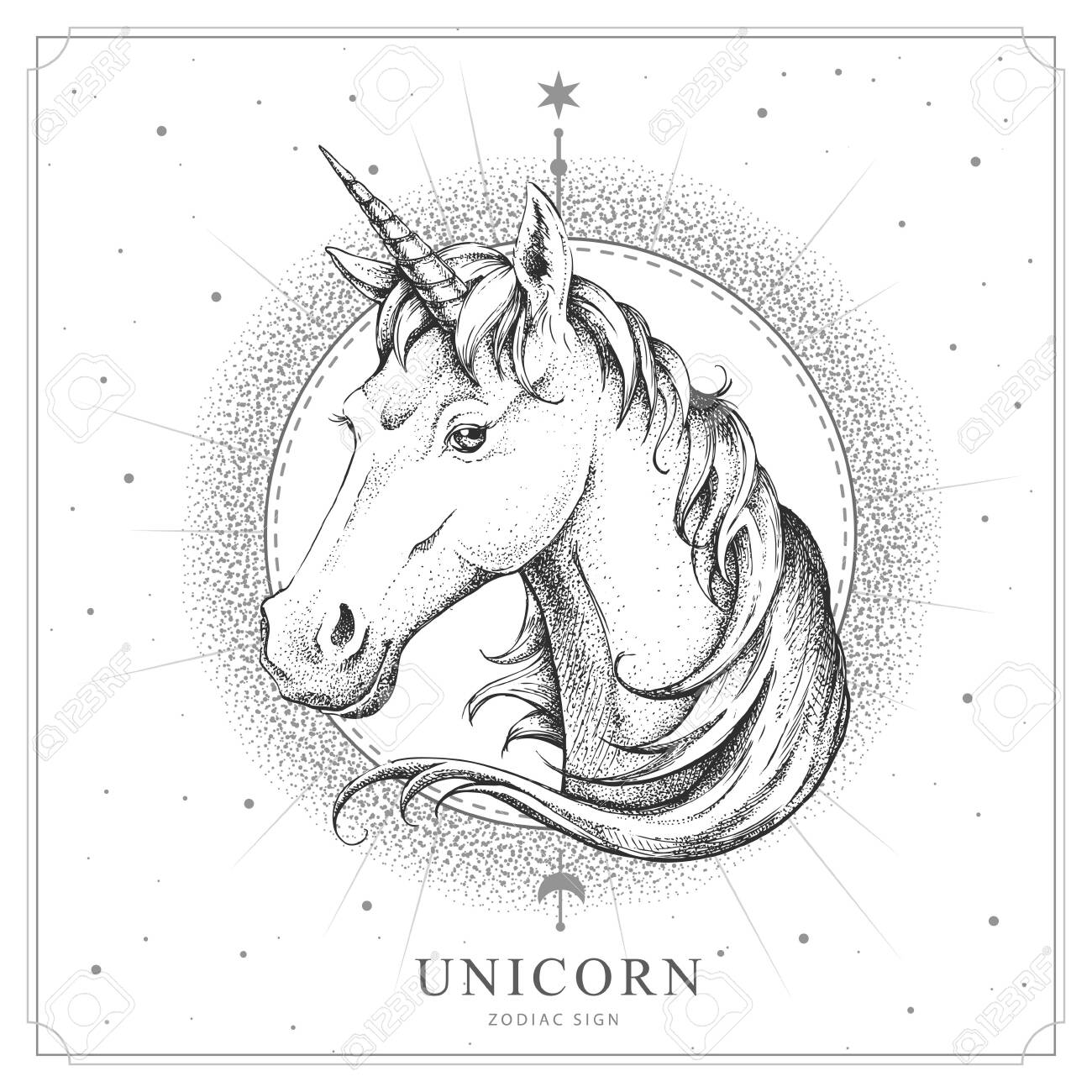 Modern magic witchcraft card with astrology Unicorn zodiac sign. Realistic hand drawing horse or unicorn head - 143154004 Modern magic witchcraft card with astrology Unicorn zodiac sign. Realistic hand drawing horse or unicorn head - 143154004