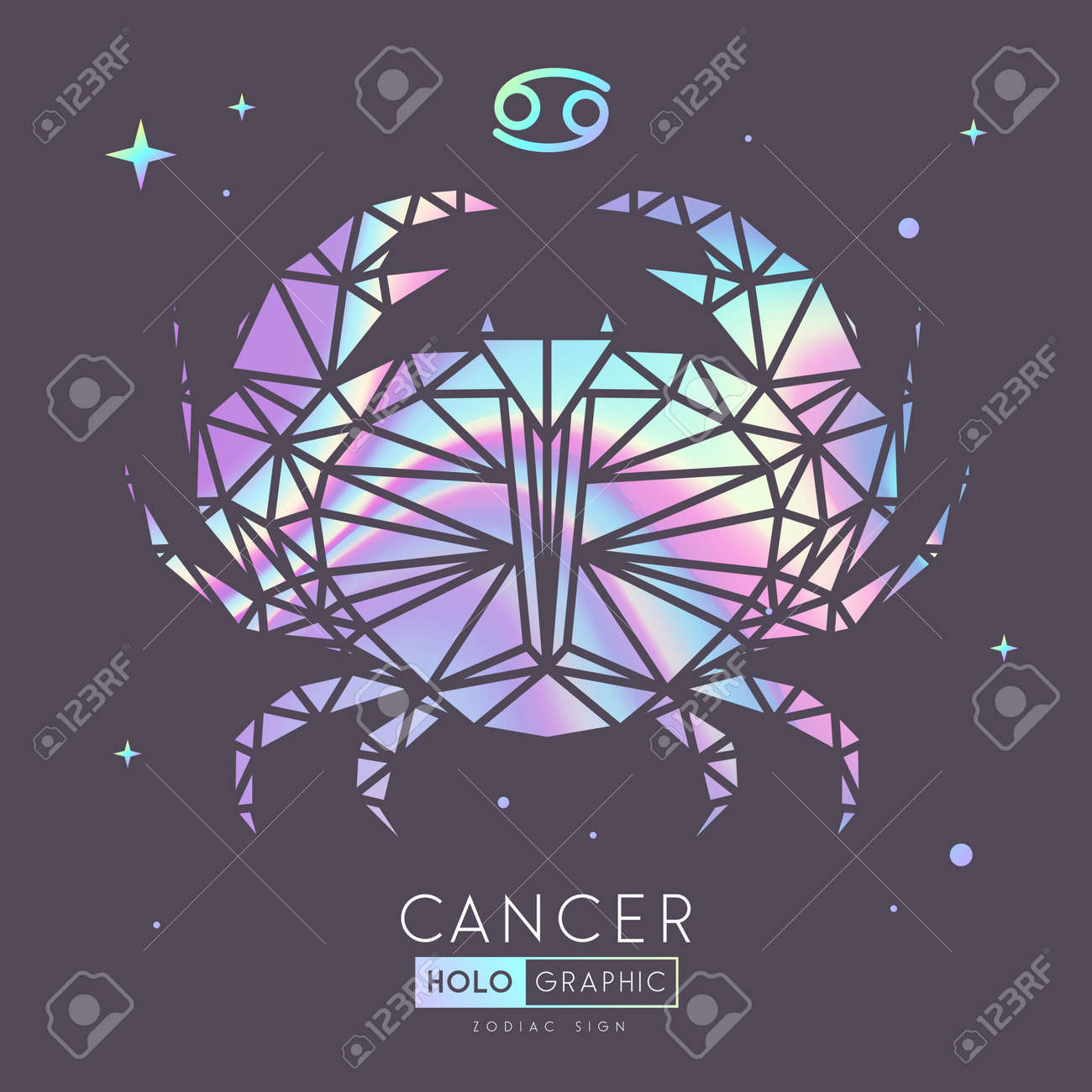 Modern magic holographic witchcraft card with astrology Cancer zodiac sign. Crab illustration in polygolan style - 169983526 Modern magic holographic witchcraft card with astrology Cancer zodiac sign. Crab illustration in polygolan style - 169983526