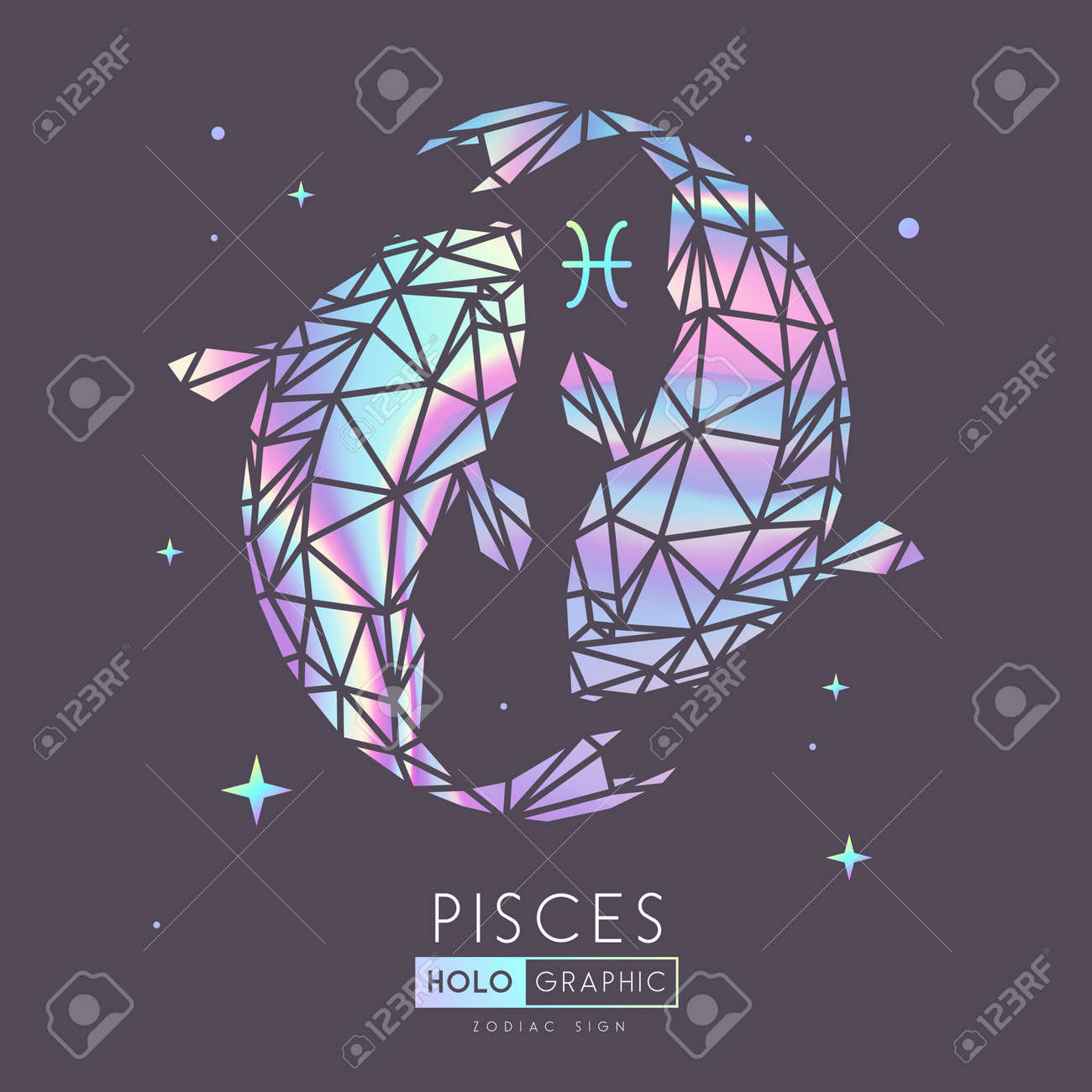 Modern magic witchcraft card with astrology Pisces zodiac sign. Holographic Koi fish illustration in polygonal style - 169984494 Modern magic witchcraft card with astrology Pisces zodiac sign. Holographic Koi fish illustration in polygonal style - 169984494