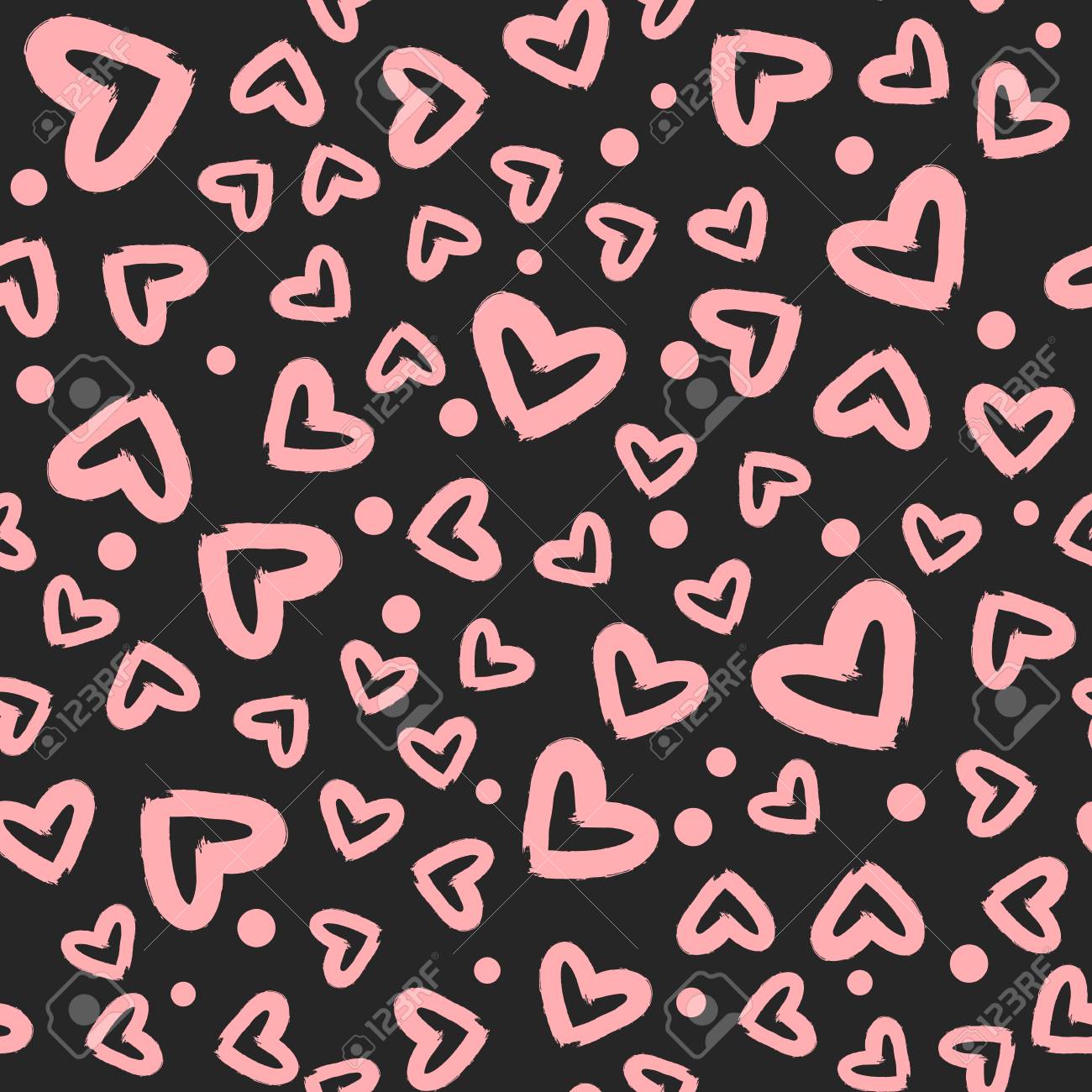 ピンクの心とドットが黒の背景にランダムに散在しています。シームレス