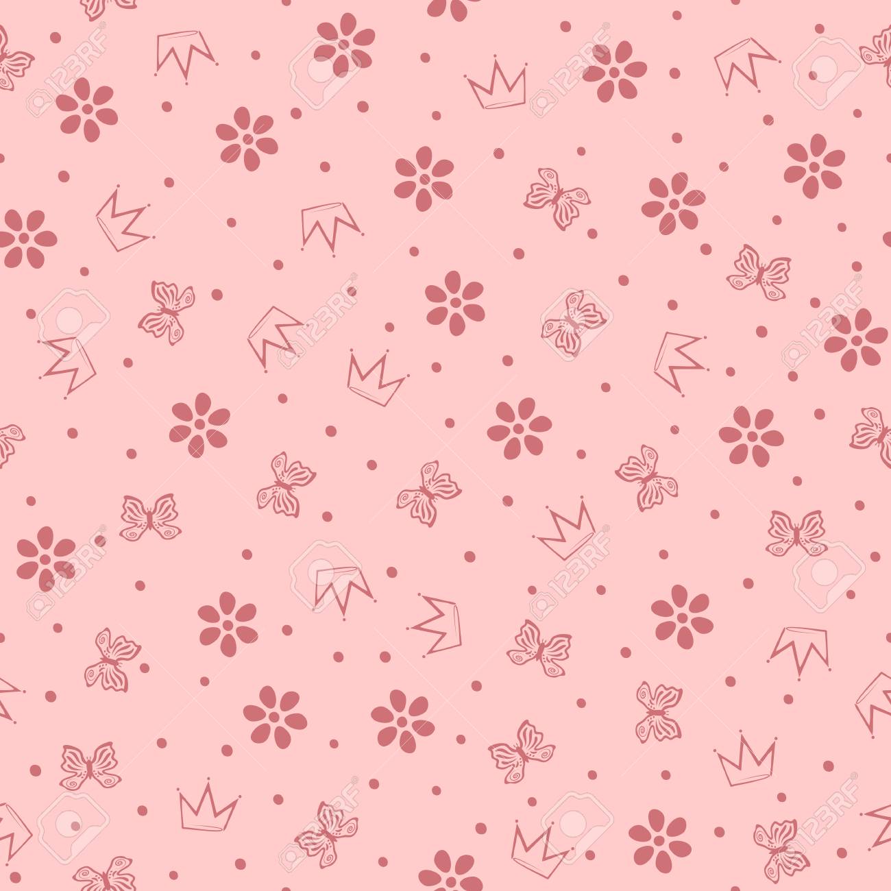flowers butterflies crowns and small round dots cute girly girly pattern