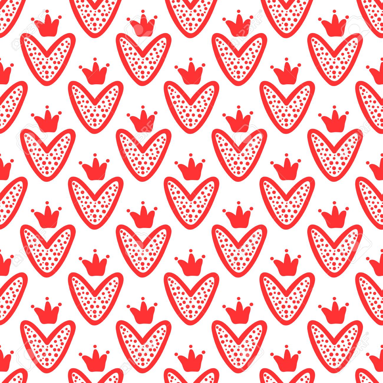 手で描かれた王冠を持つハート かわいいシームレスなパターン 白い背景に赤いシルエット のイラスト素材 ベクタ Image