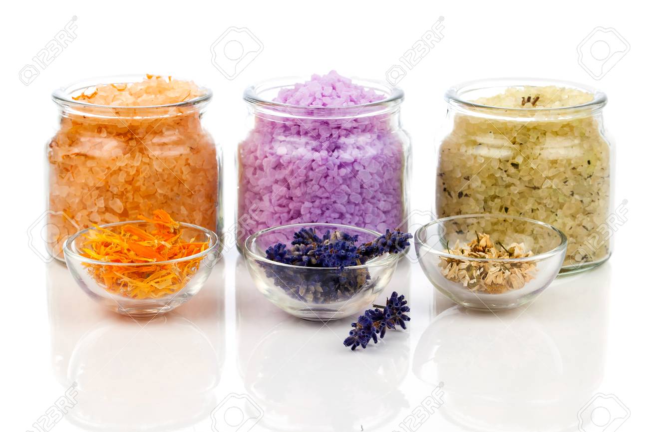 various kinds of bath salt with flowers, isolated on white background - 35326253 various kinds of bath salt with flowers, isolated on white background - 35326253