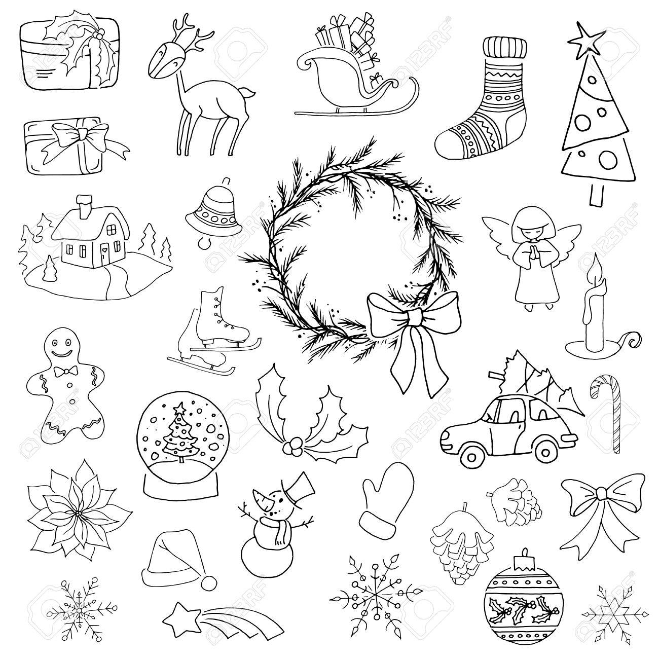 Elementos De Navidad Blanco Y Negro Con Caja De Regalo árbol De Navidad Ciervos Muñeco De Nieve Galleta De Jengibre Vela Campana Flor De Nochebuena Trineo Corona Y Otros 25 Elementos Se