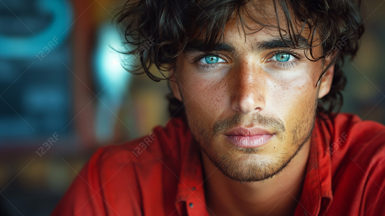 Handsome Turkish Man In A Red Shirt With Blue Eyes And Black Curly Hair  Stock Photo, Picture and Royalty Free Image. Image 237507925., image size:1300x729