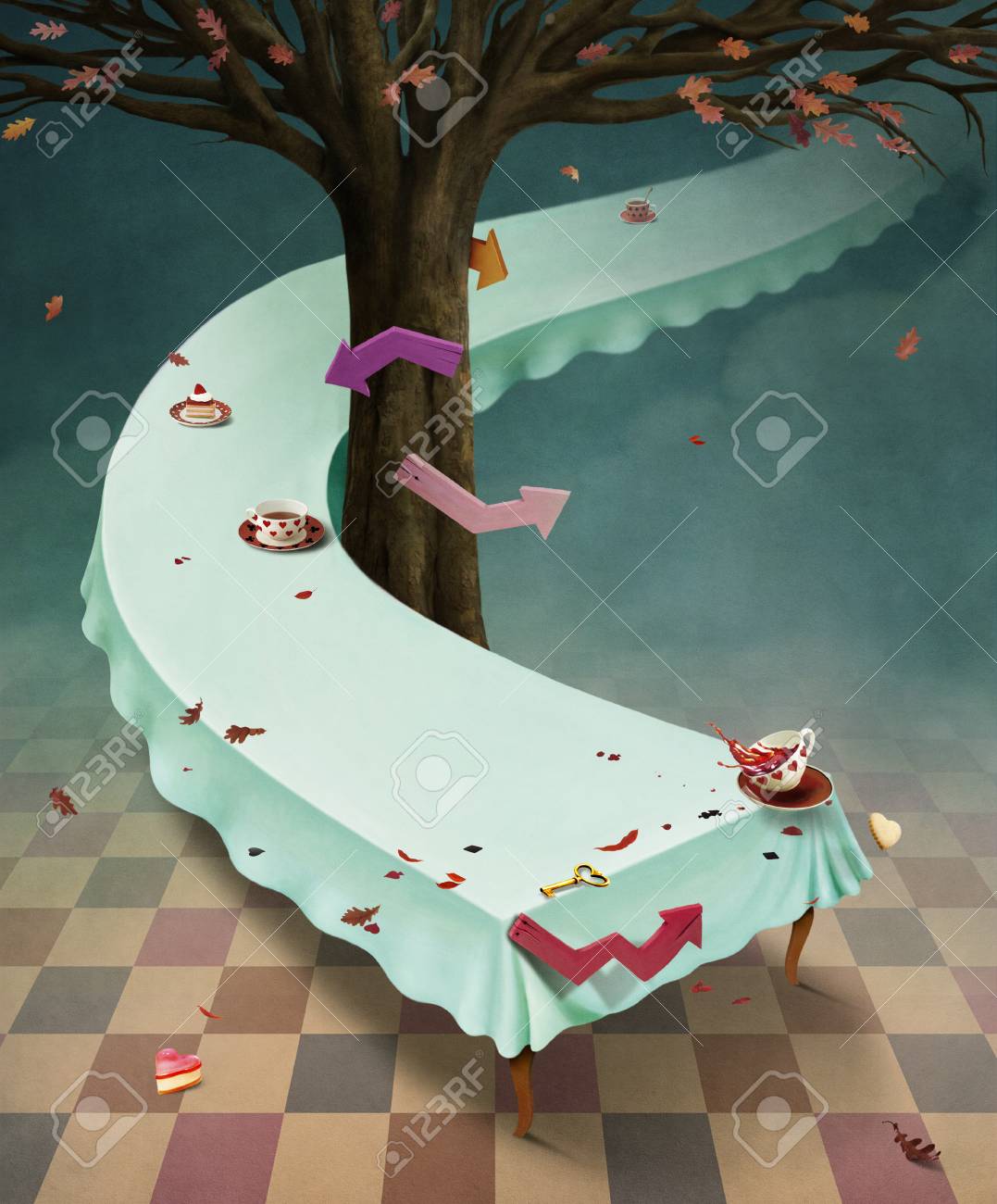 奇妙なテーブルとツリー不思議の国の物語のファンタジーのイラスト の写真素材 画像素材 Image