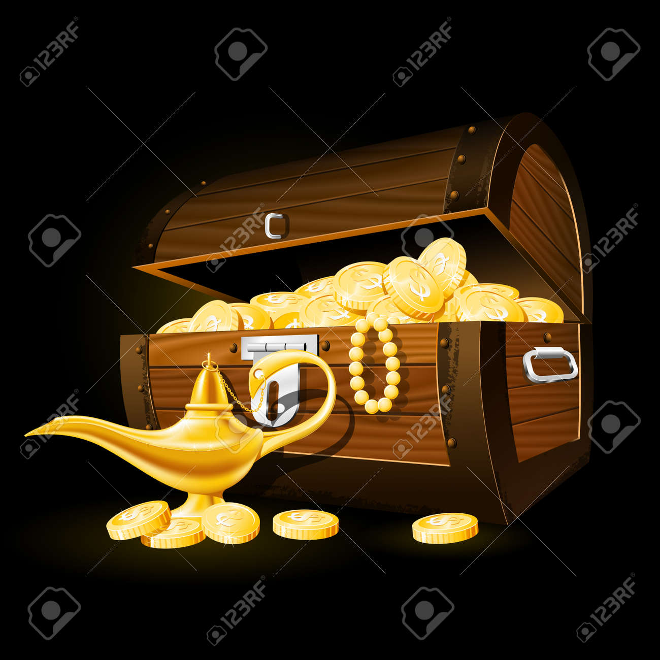 Cofre Del Tesoro De Monedas Y La Lampara Magica De Aladino Ilustraciones Vectoriales Clip Art Vectorizado Libre De Derechos Image 49760645 cofre del tesoro de monedas y la lampara magica de aladino
