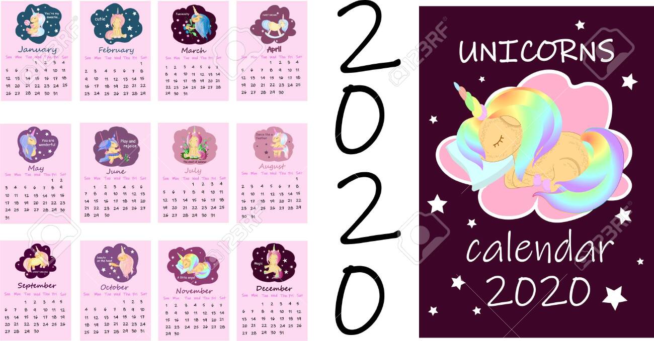 calendar or a4 planner for 2020 with colorful cute unicorns stock photo picture and royalty free image image 129134844 calendar or a4 planner for 2020 with colorful cute unicorns