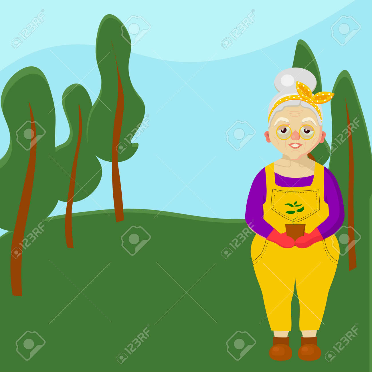 An elderly woman in the forest. Grandmother. Old woman character. Leisure of pensioners. Vector illustration - 168196990 An elderly woman in the forest. Grandmother. Old woman character. Leisure of pensioners. Vector illustration - 168196990