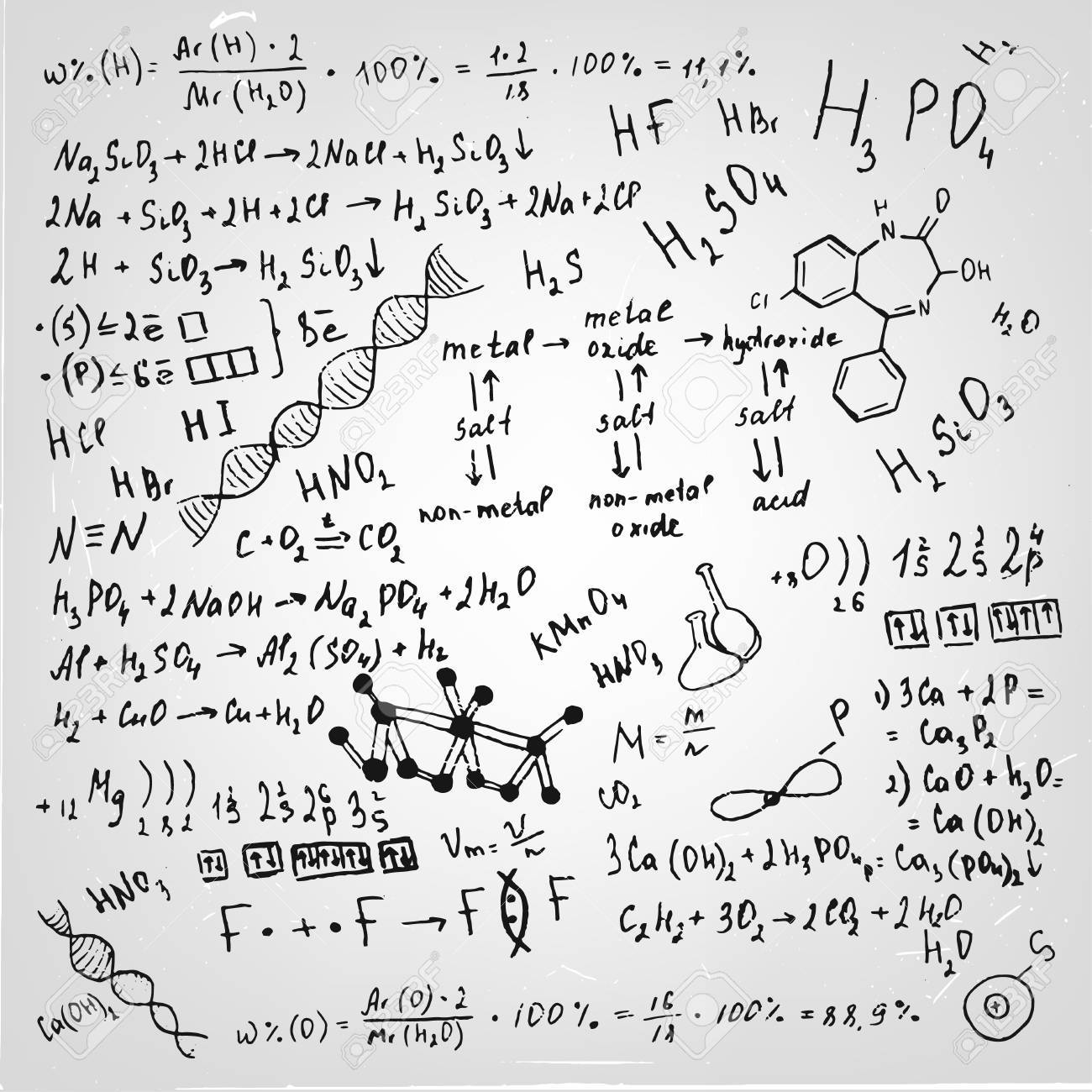 黒の手書きフォントを持った美しい科学的背景のイラスト 化学のクラスの黒板 全くベクトルの完全にスケーラブルなイメージ のイラスト素材 ベクタ Image