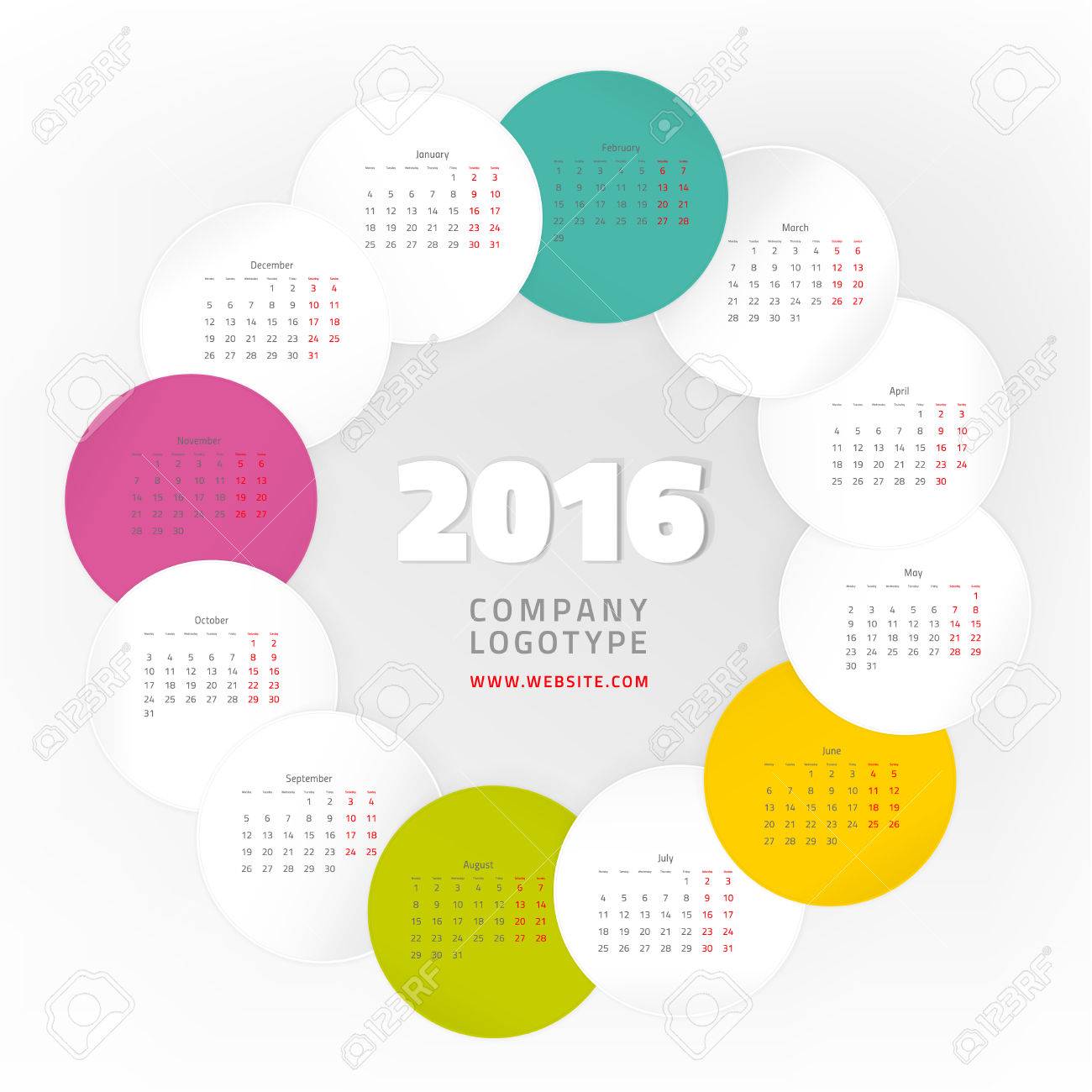 英語のカレンダー 16年テンプレートのカラフルなグラフィック デザイン 週は月曜日から始まります ベクトル図のイラスト素材 ベクタ Image