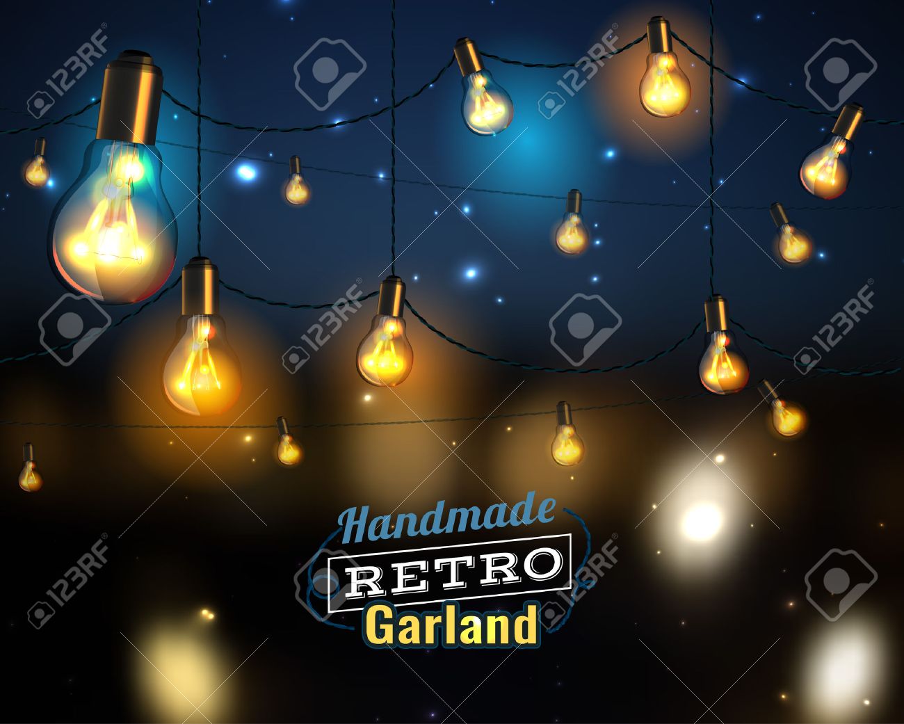 パティオ 結婚式 パーティ クリスマス ライト 党ライト 装飾の手作り照明ガーランドと美しい背景のベクトル イラスト ポストカード ポスター 印刷物 招待状に便利です のイラスト素材 ベクタ Image