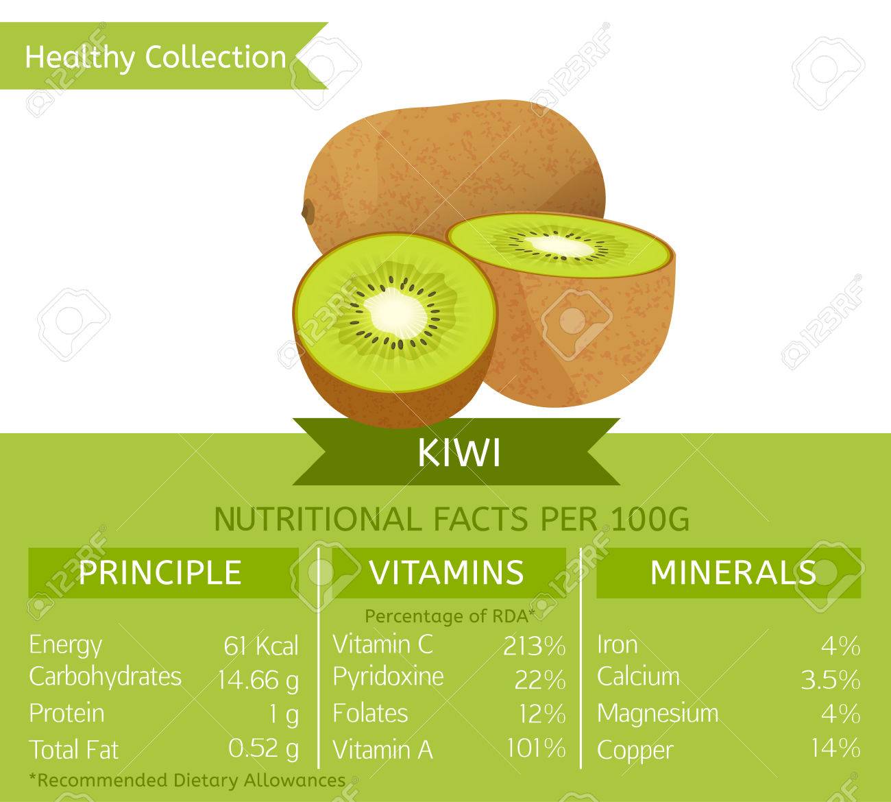 kiwi health benefits vector illustration with useful nutritional