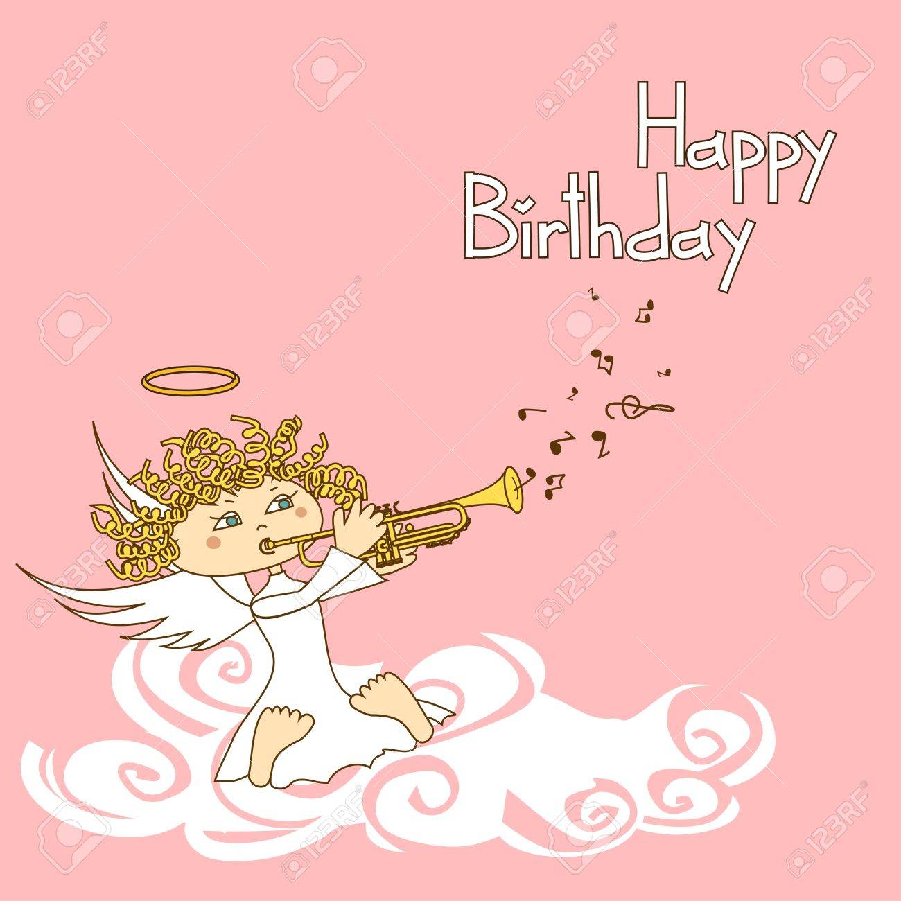 Carte D Anniversaire Avec La Bande Dessinee Cupidon Jouant De La Trompette Clip Art Libres De Droits Vecteurs Et Illustration Image