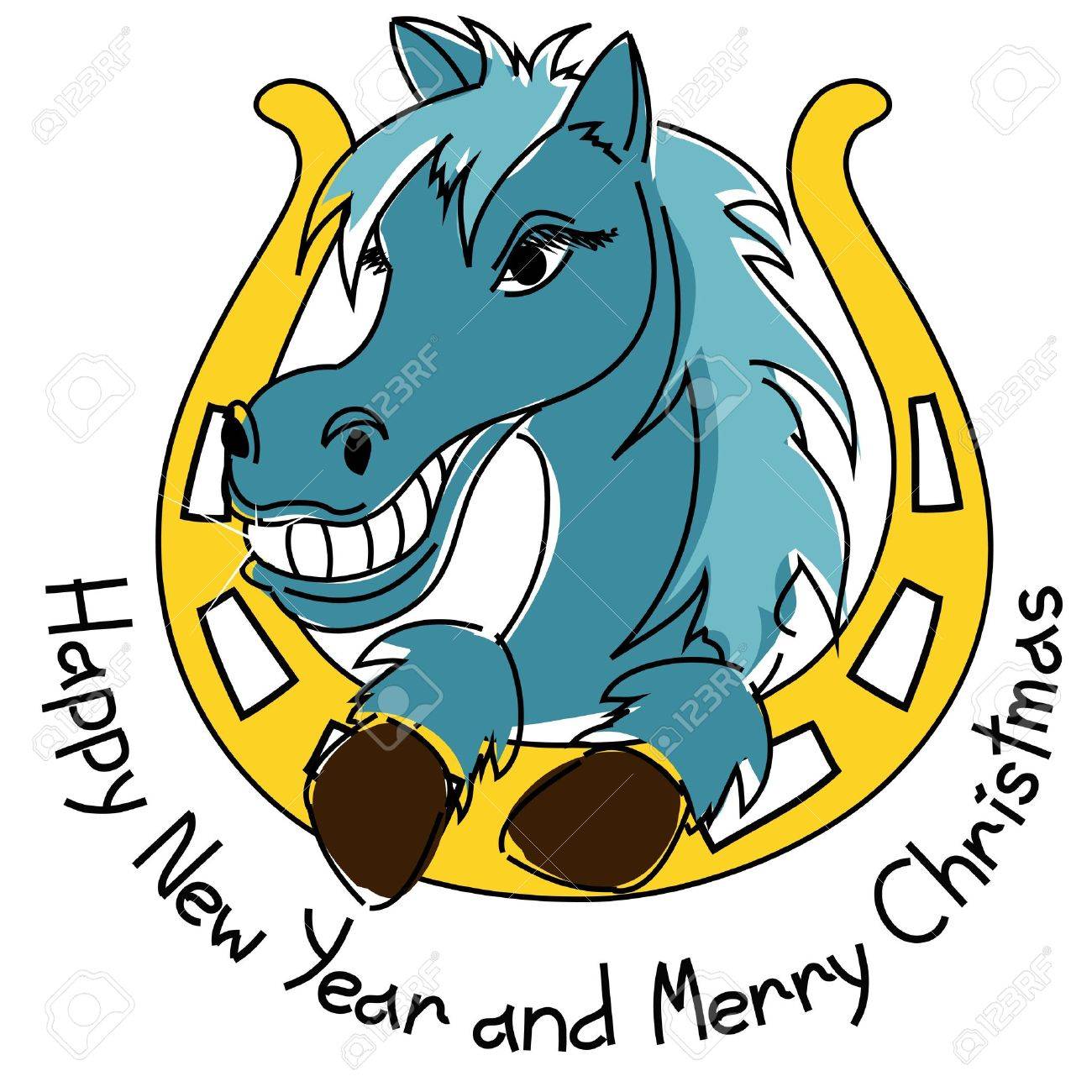 新しい年と馬と蹄鉄のクリスマス カード のイラスト素材 ベクタ Image