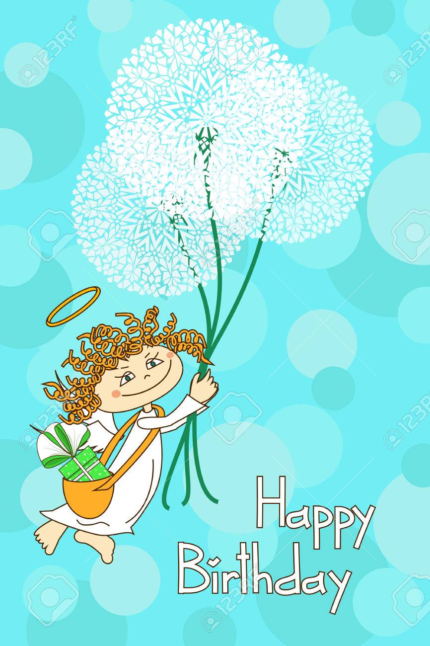 Greeting Card For Birthday With Angel And Dandelions In The Sky Royalty  Free SVG, Cliparts, Vectors, and Stock Illustration. Image 23498604., image size:866x1300