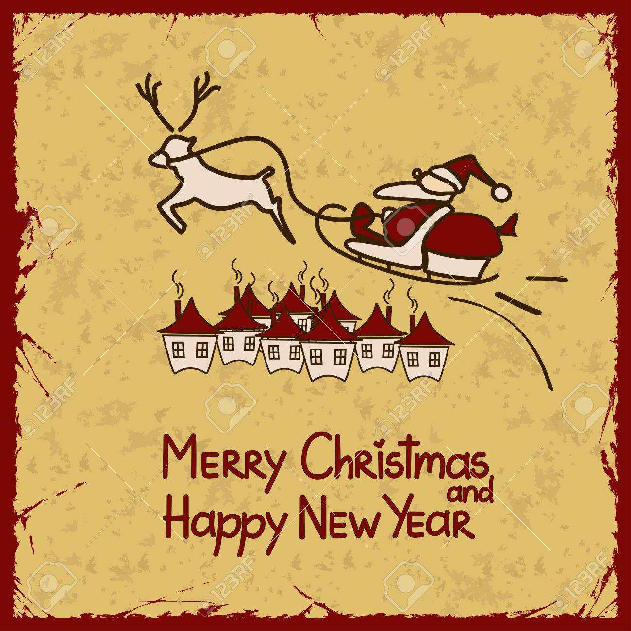 vintage christmas and new year card with santa claus in sleigh