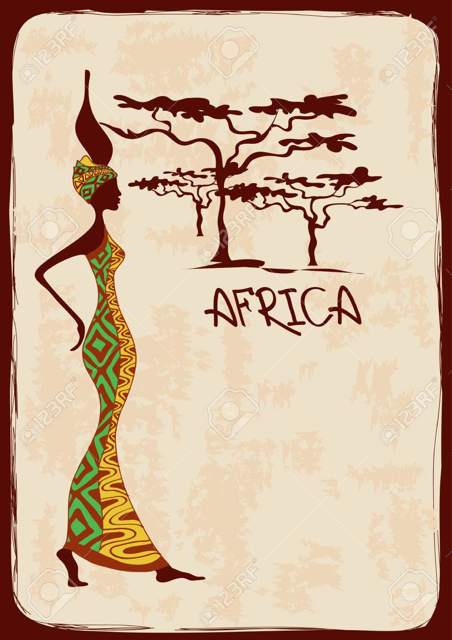 エスニック模様のカラフルなドレスで美しいスリムなアフリカ女性とヴィンテージのイラスト のイラスト素材 ベクタ Image