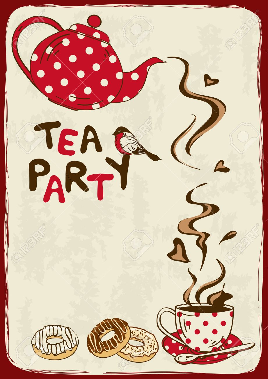 Vintage Tea Party Invitation With Teapot, Teacup, Saucer, Spoon And Bird  Royalty Free SVG, Cliparts, Vectors, And Stock Illustration. Image 25016942.