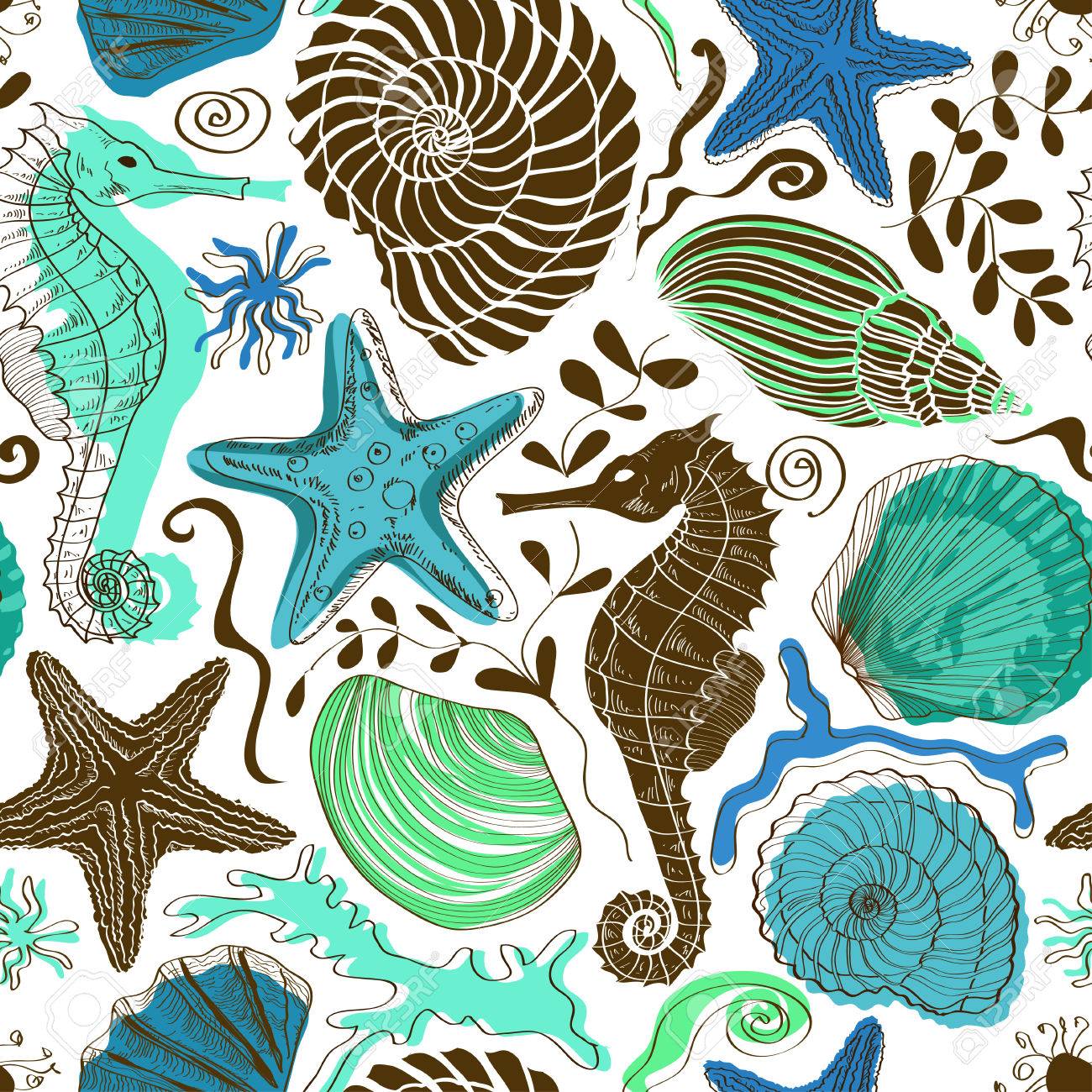 seamless pattern of colorful hand drawn seashells starfish and seahorse pattern