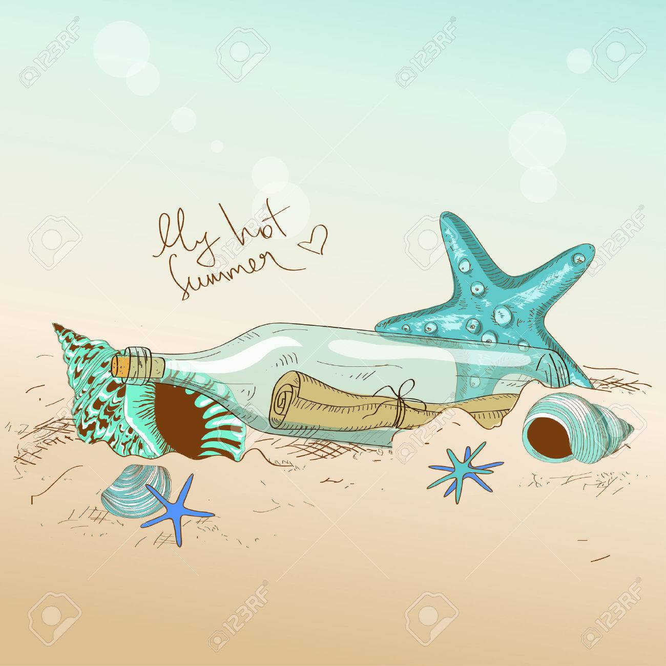 夏の手描きイラスト貝殻 ヒトデ メッセージ ボトルののイラスト素材 ベクタ Image 夏の手描きイラスト貝殻 ヒトデ メッセージ ボトルののイラスト素材 ベクタ Image